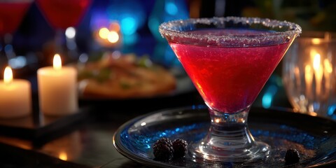 Enjoying a vibrant red cocktail on an elegantly set table during a cozy evening gathering with friends