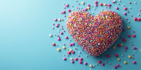 Colorful heart-shaped cake covered in sprinkles on a light blue surface surrounded by smaller heart-shaped candies