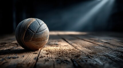 Volleyball resting on a wooden floor illuminated by soft light in a dim indoor setting