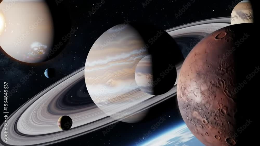 Poster planets with rings orbiting in deep space detailed digital rendering creates cosmic and celestial sc