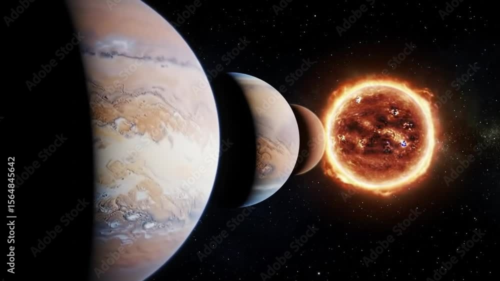 Poster planets align in a row in dark space with twinkling stars and a sun like star in the background