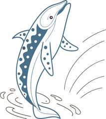 Stylized jumping dolphin with decorative patterns. Vector illustration of a happy marine animal leaping from the water with splashes. Isolated graphic art for a logo or mascot design.