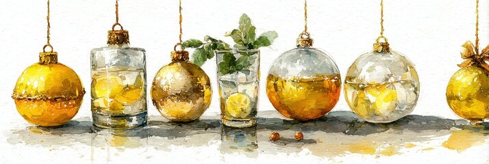 Decorative gold ornaments with lemon slices and greenery arranged on a table for festive occasions
