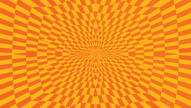 Abstract orange and yellow checkered pattern with a central focal point perspective design effect