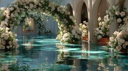 Elegant indoor garden with floral arch and tranquil water reflection during a serene afternoon