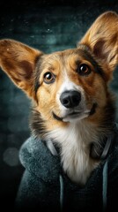 Corgi wearing a hoodie and headphones poses warmly in a cozy indoor setting during winter evenings