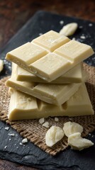 Creamy white chocolate blocks arranged on a rustic surface with cocoa pieces scattered around
