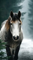 Horse walking through a misty forest path with soft light filtering through the trees in the early morning