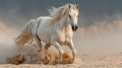 Majestic white horse galloping through sandy terrain at sunset under a clear sky
