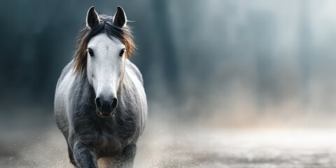 Majestic gray horse galloping through a misty landscape at dawn highlighting the beauty of nature
