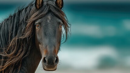 Majestic black horse with flowing mane stands by the ocean shore against a vibrant blue background