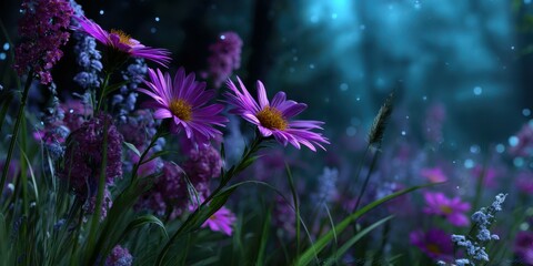 Vibrant pink flowers blossom in a mystical forest under glowing moonlight at nighttime