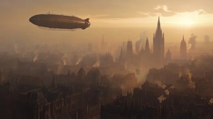 Fototapeta premium Airship over a Steampunk City at Sunrise