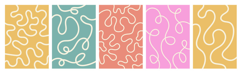 Twisted curved lines posters. Wiggling stripes waves backgrounds set. Squiggle Ribbons in flat style