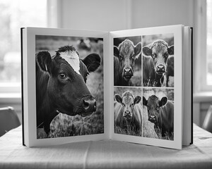 Black and White Photography of Cows in a Photo Album Open on a Table