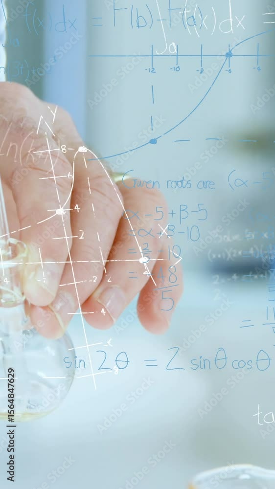 Aufkleber animation of mathematical equations on mid section of scientist performing experiment at laboratory