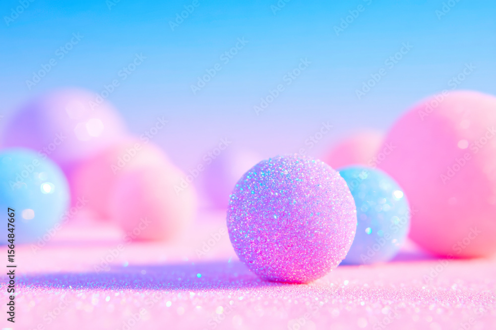 Poster pastel glitter spheres floating on gradient background for magical abstract design