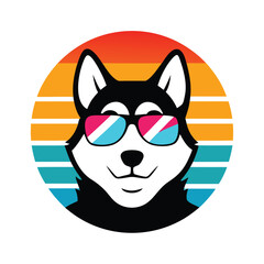 Cool Husky in Sunglasses on Sea Wave Sunset