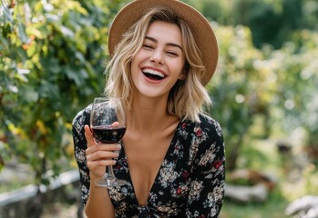 an attractive woman in her late thirties with brown hair and a hat, holding a wine glass and laughing at something she sees outside