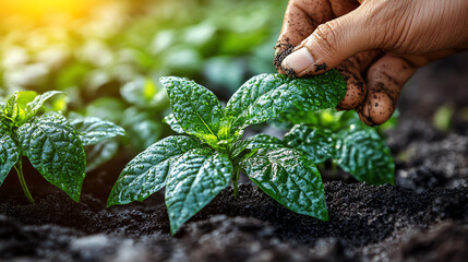 Hand Gently Tending Young Green Plant Against Dark Earthy Background