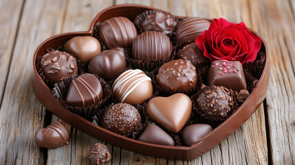 Heart-Shaped Box of Assorted Chocolates with Red Rose on Rustic Wooden Surface