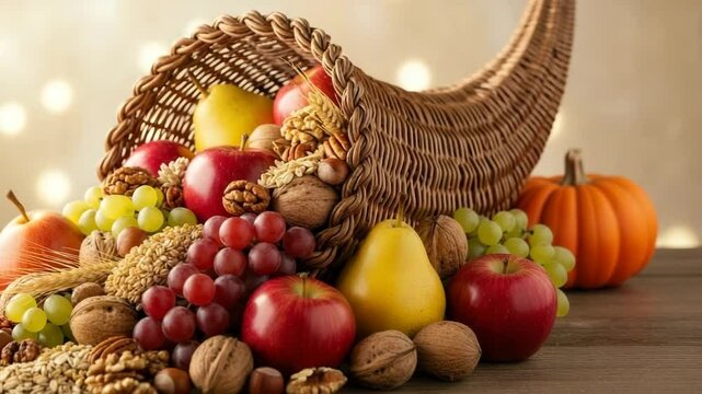 Grand cornucopia overflowing with apples, grapes, nuts, and pumpkins, symbolizing autumn harvest abundance, Thanksgiving, and prosperity