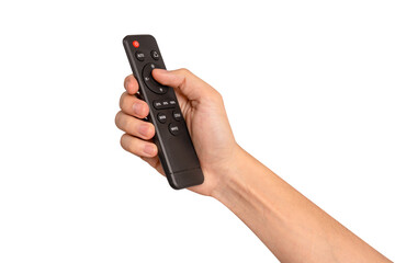 Hand holding remote control isolated on isolated on transparent PNG.