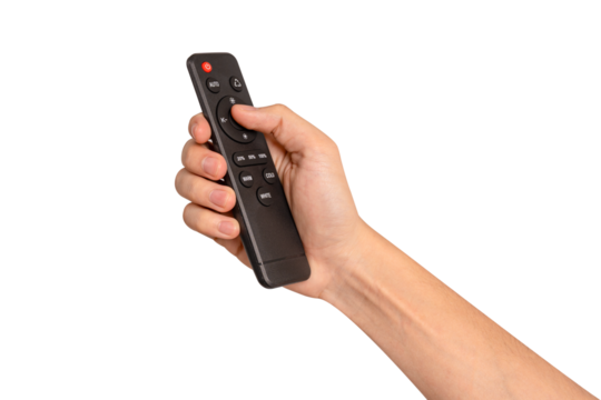Hand holding remote control isolated on isolated on transparent PNG.