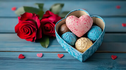 Elegant Roses and Heart-Shaped Chocolates in Gift Box for Valentine’s Day Ambiance