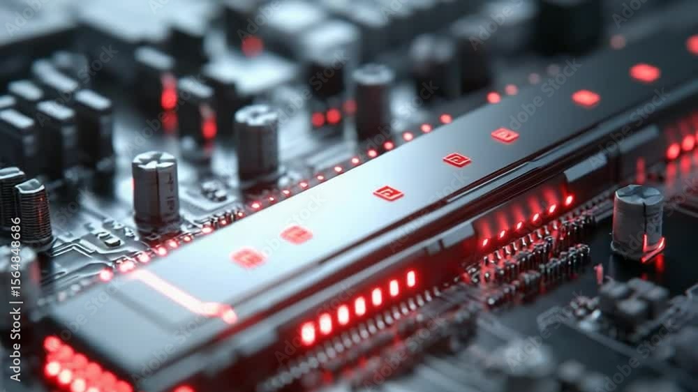 Poster macro shot of a motherboard circuit with glowing red lights, a network connection