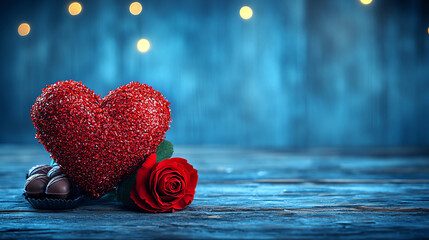 Sparkling Red Heart with Rose and Chocolates on Wooden Table in Romantic Scene