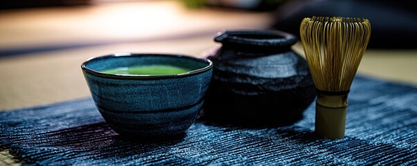 A traditional Japanese tea ceremony setup with matcha tea and a bamboo whisk, on a tatami mat floor. High quality