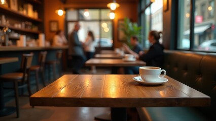 A warm inviting caf? scene featuring a single cup of coffee on a wooden table, with a softly blurred background of patrons enjoying their day