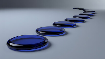 Naklejka premium Path of Progress: A series of smooth, blue glass stepping stones winds its way across a gradient surface, symbolizing a journey toward enlightenment and the pursuit of personal growth.