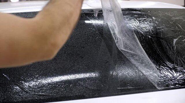A car service worker sprays water on the car's glass, wetting it before applying the film to the car detailing service.