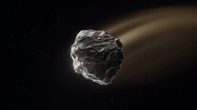 Asteroid hurtling through space, leaving a trail of dust.
