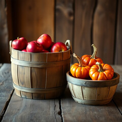 Wooden Buckets of Apples and Pumpkins on Rustic Table