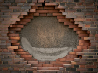 Circular Hole in a Brick Wall with Exposed Mortar and Irregular Brickwork