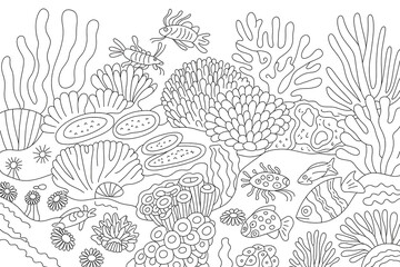 Detailed black and white coral reef scene.
