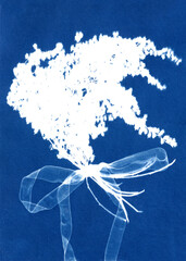 A bouquet of plants tied with a ribbon. Unique hand-printed monotype. Made using a kind of antique photography called cyanotypes.
