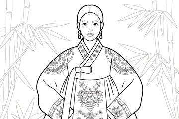 Woman in traditional Korean dress, serene pose amidst bamboo.
