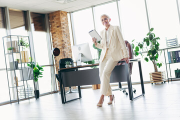 Confident senior businesswoman in formal attire smiling in a modern office environment with...