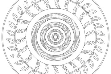Intricate circular design with concentric circles and leaves.

