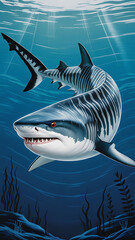 Powerful tiger shark, majestic in deep blue water.
