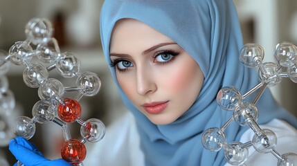 Young Woman in Hijab Conducting Scientific Research with Molecular Structures in Laboratory