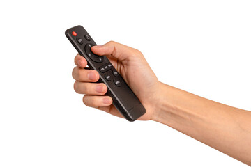 Hand holding remote control isolated on isolated on transparent PNG.