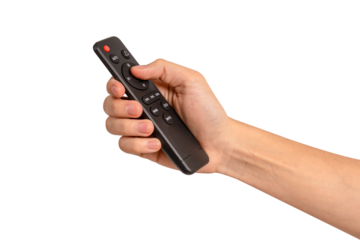 Hand holding remote control isolated on isolated on transparent PNG.