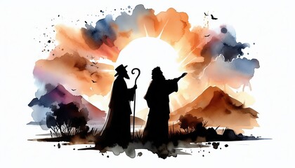 Watercolor illustration of moses and aaron with sun and mountains scenery art