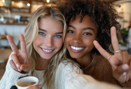 Two young women taking a selfie while drinking coffee and making a peace sign in a cafe.