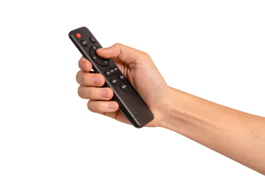 Hand holding remote control isolated on isolated on transparent PNG. - Powered by Adobe